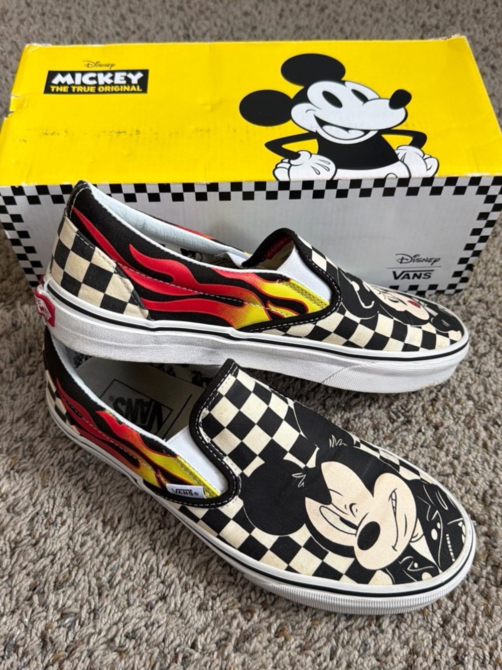 Vans Mickey Checker Slip-On Sneakers in Black, White, Red, Yellow